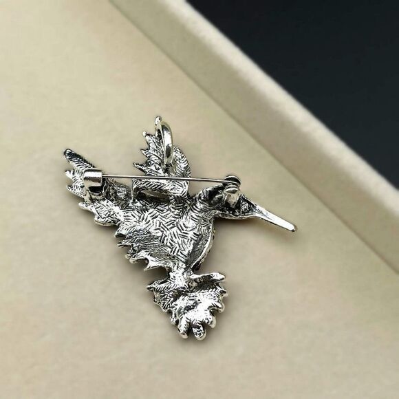 Silver with Multicolored Crystal Flying Hummingbird Pin Back Brooch - Picture 6 of 7